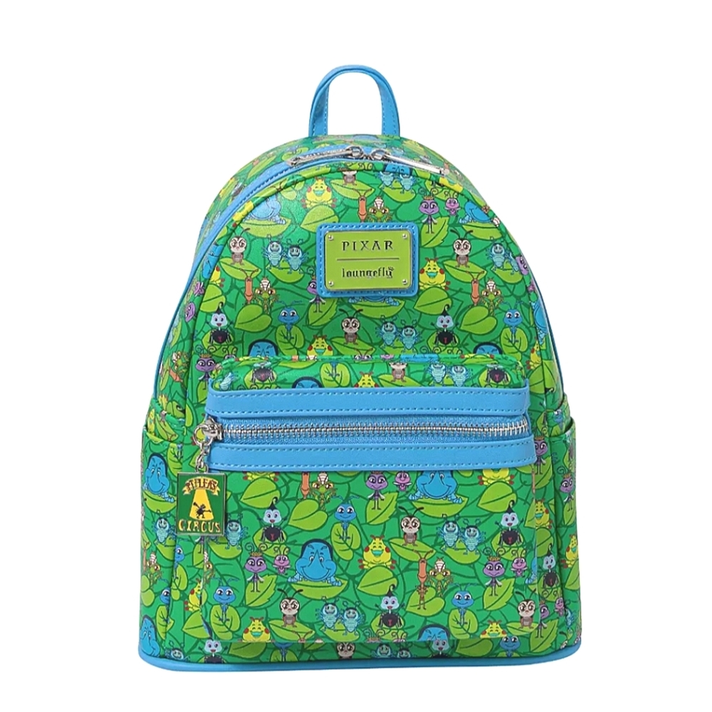 LOUNGEFLY Disney Pixar A Bugs Life AOP Mini Backpack | Green & Blue | Flik | NWT